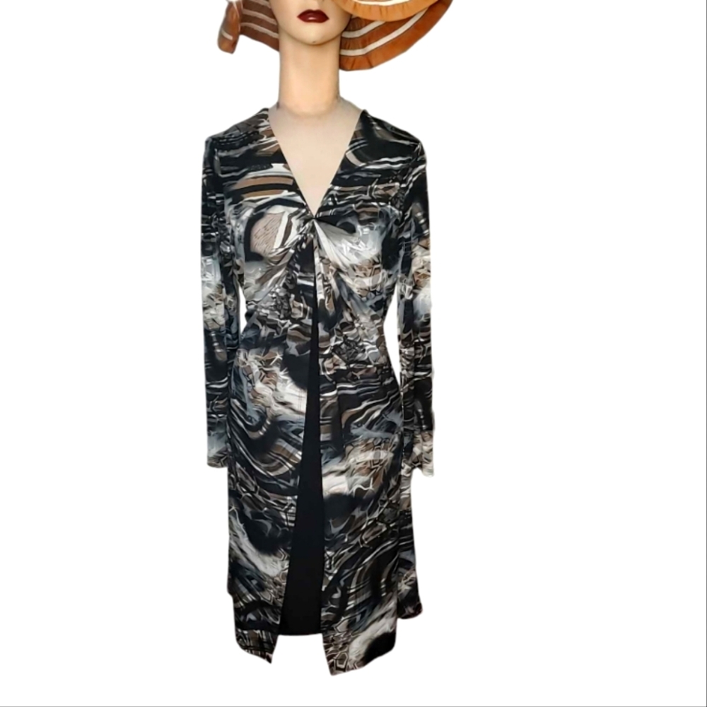 LIBRA Womens Marbled Long Sleeve Stretchy Dress Fall Fashion Gray Black Brown LG